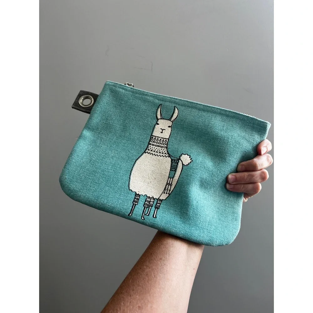 Teal Llama Canvas Cosmetic Pouch Zipper Bag Travel Alpaca Boho Chic Artisan Cute